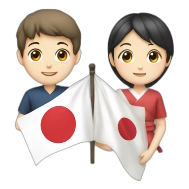 boy and girl holding Japanese flag sticker