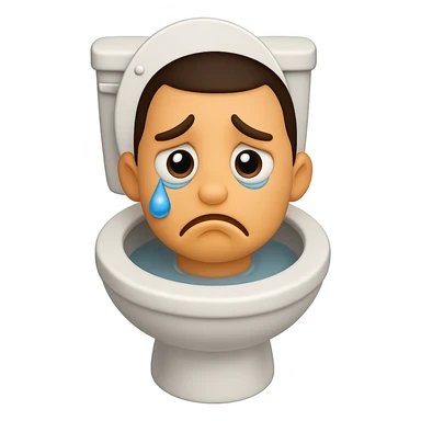 Create an image in the style of apple emojis of a toilet with a cartoonish, exaggerated head emerging from the bowl, looking sad with teary eyes and a downturned mouth. Use a transparent background. sticker