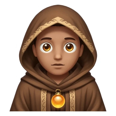 Coarse, hand-woven brown robes with deep,  shadowed cowls  with A dark, light-absorbing void within the hood where only two glowing yellow or orange eyes are visible. In AI generation, specify "glowing orb-like eyes" or "beady luminous eyes". sticker