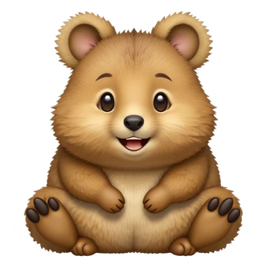 cinematic-quokka-realistic-emoji,-small-round-frame-balanced-on-tiny-strong-hind-legs,giant-fluffy-cheeks-large-smile-fluffy-brown-fur-radiating-a-warm-softness,-big-round-eyes-filled-with-joy, realistic emoji zoomed in sticker