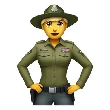 a female drill sergeant showing full torso wearing a classic sergeant hat and a camouflage army shirt. The character should have an angry intense expression.  sticker