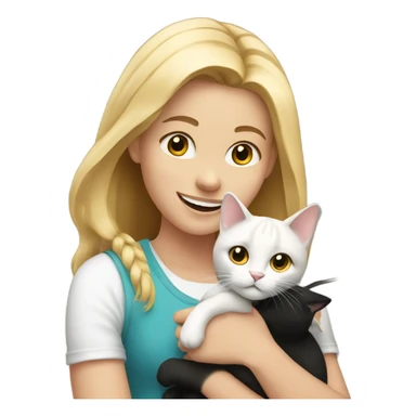 Blonde smiling girl holding a black and white cat indoors sticker