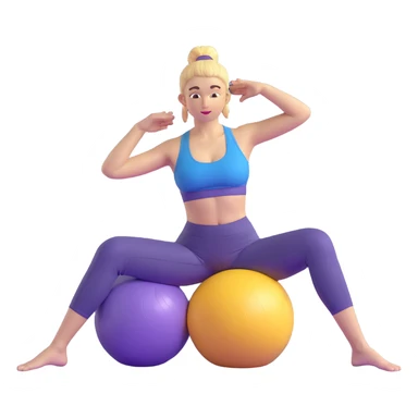 Yellow-skinned girl with high ponytail wearing blue sports bra and navy yoga pants doing yoga with a large exercise ball sticker