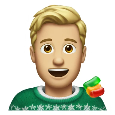 White guy in eagles Christmas sweater eating a gummy sticker