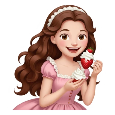 Girl with long brown hair eating strawberries and whipped cream, laughing pale pink elegant timeless  sticker
