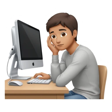 emoji of a man sitting at the table with an imac on it, a man is sitting in a very thoughtful pose, he has his hands on the table and his head resting on them sticker