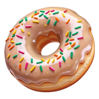 Cinematic Realistic Donut Dessert Emoji, depicted as a fluffy glazed donut with colorful sprinkles rendered with detailed textures and playful, warm lighting. sticker