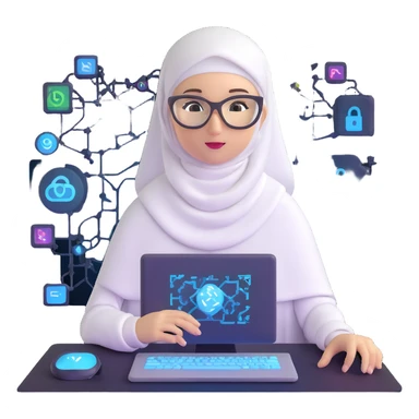 computer engineer with white hijab actively coding and building in the metaverse, hands manipulating holographic code, creating virtual structures, programming digital environments, surrounded by her code creations coming to life, AR glasses on sticker