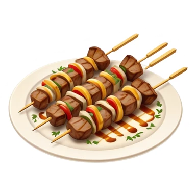 Cinematic Realistic Souvlaki Dish Emoji, showcasing skewered, grilled meat with Mediterranean spices rendered with dynamic textures and warm, appetizing lighting. sticker