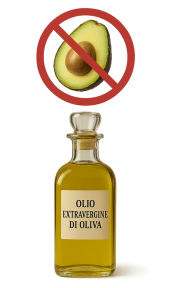 BOTTIGLIA DI OLIO EVO CON LA SCRITTA "OLIO EXTRAVERGINE DI OLIVA" SULL'ETICHETTA E AVOCADO CON DIVIETO SOPRA,  iperrealistico 4k sticker