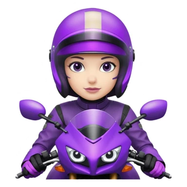 Créer un emoji avec une moto mt07 sport noir mate / violet iridescent très foncé. Avec une pilote dessus visière violet sombre faceless, bulle de la moto violet. Avec fond arrière violet, tenue complète casque inclus violet  sticker