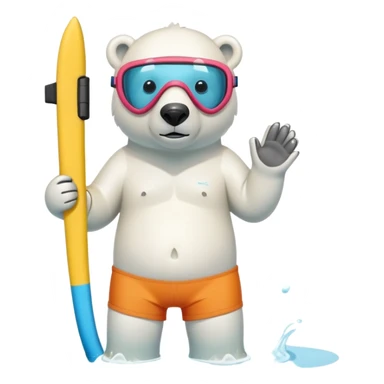 friendly anthropomorphised polar bear standing in a small puddle, wearing colorful board shorts, scuba mask over eyes, snorkel tube attached sticker