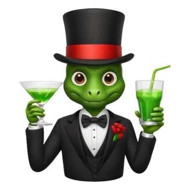 snake wearing suit, bowtie and top hat, holding a glass of green drink sticker