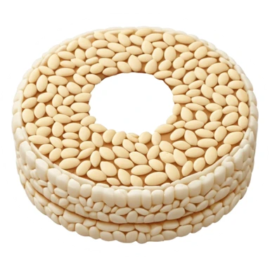 A round puffed rice cake, flat disc shape, light beige/off-white color, bumpy textured surface showing compressed puffed rice grains, crispy appearance, simple flat design, centered on transparent background. sticker