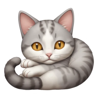 grey and white small cat with its eyes closed lying down with its paw holding up his head sticker