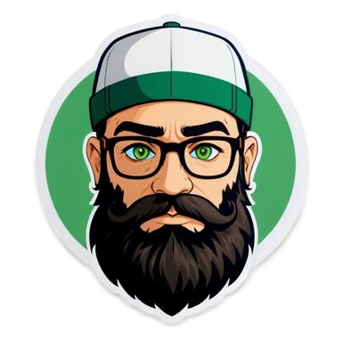 A man with a cap, green eyes, big beard and glasses sticker