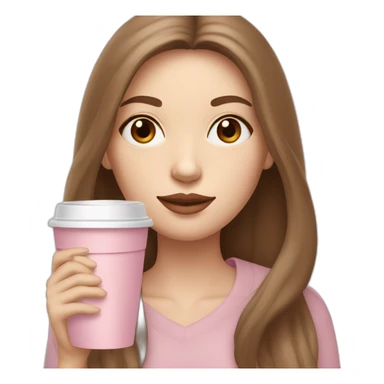 woman with pale skin and middle brown long thin hair sipping cofee from a light pink takeaway cup eyes closedf sticker
