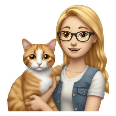 White skin strawberry-blonde haired girl with glasses holding long-haired calico cat sticker