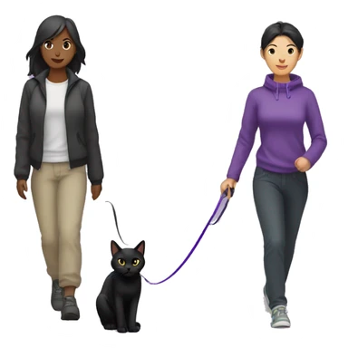 Black cat with a purple leash going for a walk with an Asian female  sticker