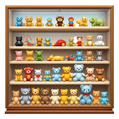 Icon for Toy Collecting: a collection of various vintage toys such as dolls, action figures, and plush animals, displayed neatly on shelves or in display cases. The icon should evoke the joy and nostalgia of collecting toys. Transparent background. sticker