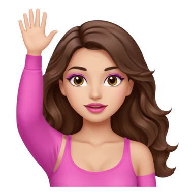 girl with long wavy brown hair, brown eyes, long lashes makeup, sexy pink lips, light to medium complexion, wearing a pink sexy top, one hand in the air high sticker