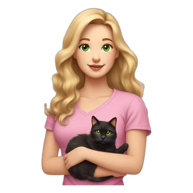 woman with green eyes and long wavy blonde hair in a pink shirt is holding a very fluffy and fat black and tortoiseshell cat sticker