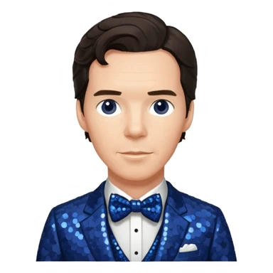 Benedict Cumberbatch with dark brown hair, indigo sequin suit with bow tie sticker