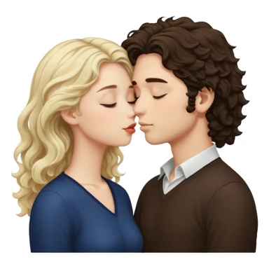 Tall White Italian boy with dark brown wavy fluffy hair and blonde wavy hair girl that's pale with wavy hair kissing with eyes closed  sticker