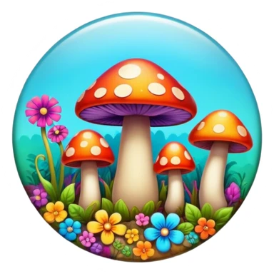 A round psychedelic colored button with bezeled edges and colorful hippie style mushrooms sticker