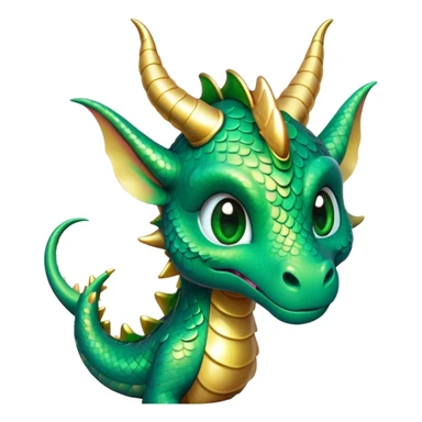 Cinematic Cute Dragon Portrait Emoji, Head tilted playfully and inquisitively, featuring a sleek, serpentine form adorned with iridescent scales that shift between emerald and gold, a delicate set of subtle horns, and round, sparkling eyes full of curious magic; rendered with realistic detail and warm natural light, high shine, affectionate and enchanting, styled with a touch of whimsical fantasy, soft glowing outline, capturing the essence of a mischievous yet lovable dragon that seems poised to slither playfully into your arms! sticker