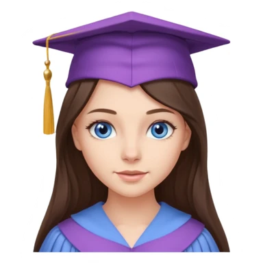young brunette girl long hair, blue eyes and lilac gown and cap university graduate sticker