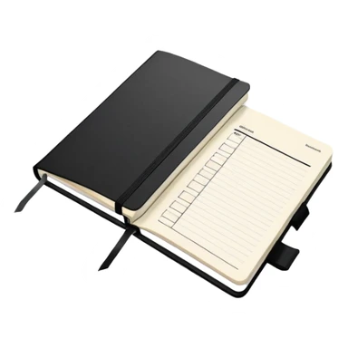 An elegant Moleskine notebook with elastic band, open to display a meeting agenda with items listed sticker
