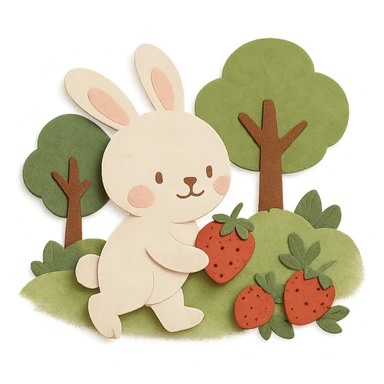 bunny picking strawberries in the woods, sweet pastel red, paper-craft style sticker