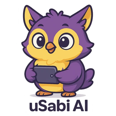 cute animal mascot like an owl or fox for 'uSabi AI', purple and yellow fur, holding a small gadget, modern friendly tech-inspired style sticker