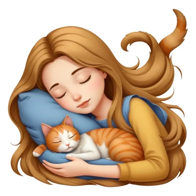 Generate a picture of a beautiful girl with long hair sleeping with a cat sticker
