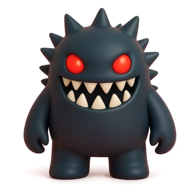 scary monster with sharp teeth, glowing red eyes, spiky body, dark color palette, toy-like vinyl figure style sticker