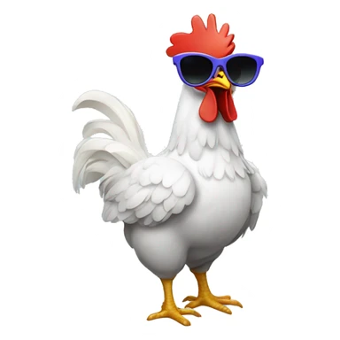 A chicken with sunglasses and horns and with a rainbiw sticker