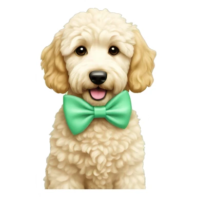 A beige mini golden doodle with blonde highlights wearing a red bow on her mint green collar sticker