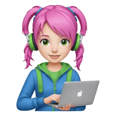 Create an emoji of a woman with pink hair tied into two pigtails. She is a game streamer, wearing green headphones, holding a MacBook, and dressed in a blue outfit. sticker