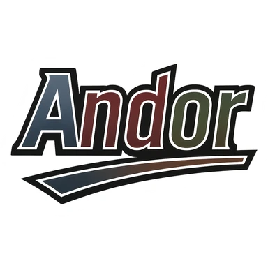 Text image of the name 'Andor' in a masculine, modern, gradient font with precise Hungarian characters, dark contour, extra thick, prominent white letter outline as in reference images, dynamic slanted underline, masculine color shades including blue, gray, burgundy, green, and brown, 1000x1000 px, PNG, transparent background. sticker