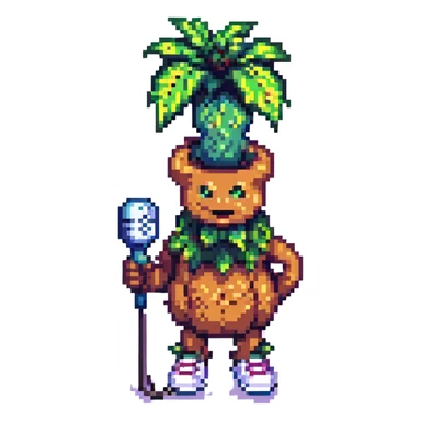 pixel art mandrake funkeiro, holding a microphone, flashy sneakers, energetic vibe, pixelated details sticker