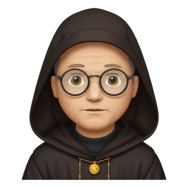 Monk priest prayer black habit with hood round black glasses done light brown wavy hair under hood remove the medallion smaller more round glassed age 46  sticker