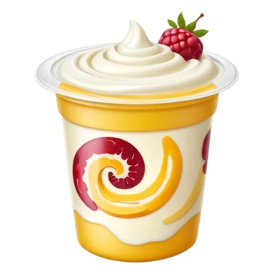 small yogurt cup with peeled-back foil lid, creamy yogurt with fruit swirls, no spoon or extras, soft lighting, subtle shadows, emoji scale sticker
