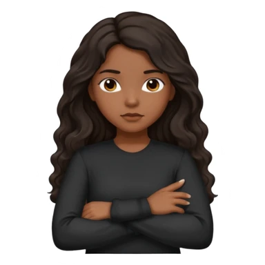Hispanic girl dark long wavy hair crossing her arms with slight pout black long sleeve shirt sticker