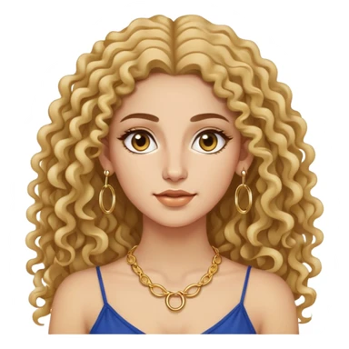 attractive Greek woman with long curly hair and light skin wearing gold hoop earrings and a small gold necklace sticker