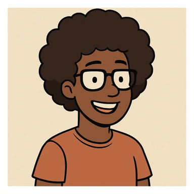 portrait of a person with afro hair, dark skin tone, brown hair, and glasses, friendly and modern style, simple and clear design, minimalistic and expressive, cheerful expression, cartoon avatar sticker
