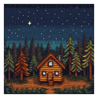 wooden house in a pine forest at night with stars in the sky sticker