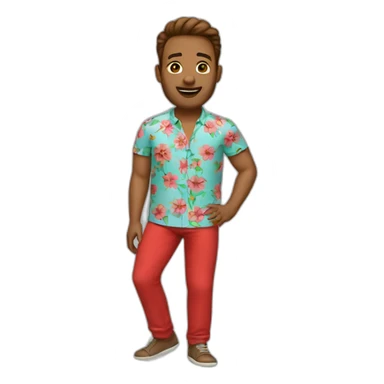 man with a flower shirt with a red pant sticker