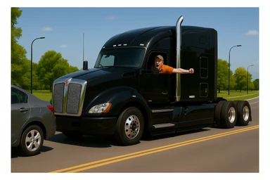 Zoom the scene out even farther, showing more of the road and landscape, with the black Kenworth W680 semi truck featuring a chrome stack, an angry bald driver wearing an orange shirt and baseball cap with his arm out the window, following a car. The scene should remain bright and vibrant. sticker