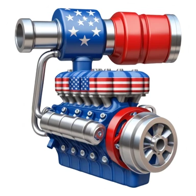 Flexed muscular arm fist holding a V8 engine,  American flag stripe pattern in background,  bold red white and blue, raw mechanical power,  chrome pistons visible sticker